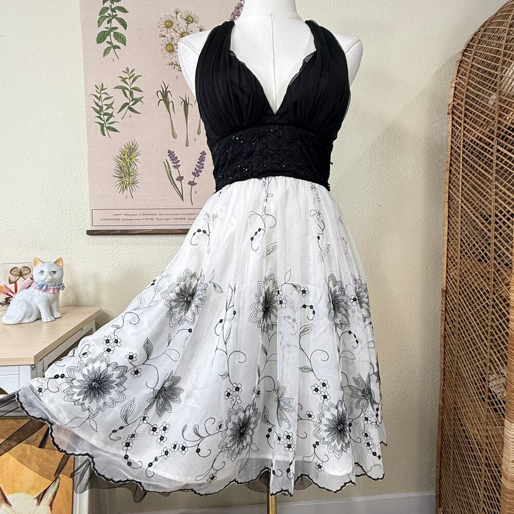 Y2k Mesh Floral Embroidered Halter Dress Dark Romantic Coquette Fairy Hoco S